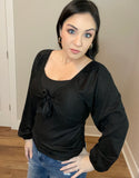 S-M - Tied Long Sleeve Ribbed Top