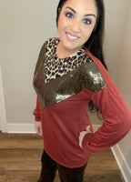 Dark Mauve Sequin Leopard Chevron Pattern Long Sleeve Top