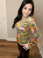 S-XL Floral Velvet Long Sleeve Top