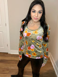 S-XL Floral Velvet Long Sleeve Top