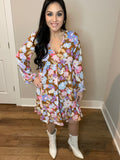 S-3X Long Sleeve Floral V-Neck Babydoll Dress