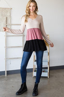 S-3X Color Block Long Sleeve 3 Tiered Top