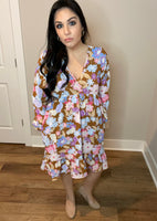 S-3X Long Sleeve Floral V-Neck Babydoll Dress