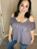 SMALL ONLY - High Low Ruffled Cold Shoulder Top