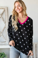 S XXL  Seeing Stars V-Neck Distressed Star Long Sleeve with Pink POP