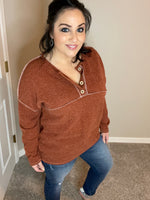 S XL - Two Tone Textured Sweater Knit Faux Button Drop Shoulder Top