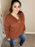 S XL - Two Tone Textured Sweater Knit Faux Button Drop Shoulder Top