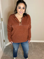 S XL - Two Tone Textured Sweater Knit Faux Button Drop Shoulder Top