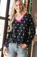 S XXL  Seeing Stars V-Neck Distressed Star Long Sleeve with Pink POP