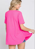 Small Only - Ribbed V-Neck Babydoll Neon Pink Top