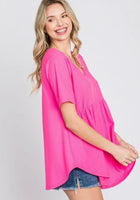 Small Only - Ribbed V-Neck Babydoll Neon Pink Top