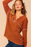 S XL - Two Tone Textured Sweater Knit Faux Button Drop Shoulder Top