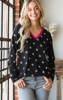 S XXL  Seeing Stars V-Neck Distressed Star Long Sleeve with Pink POP