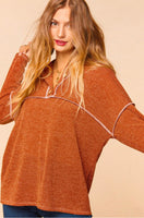 S XL - Two Tone Textured Sweater Knit Faux Button Drop Shoulder Top