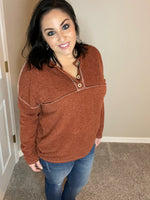 S XL - Two Tone Textured Sweater Knit Faux Button Drop Shoulder Top