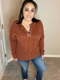 S XL - Two Tone Textured Sweater Knit Faux Button Drop Shoulder Top