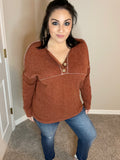 S XL - Two Tone Textured Sweater Knit Faux Button Drop Shoulder Top