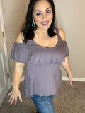 SMALL ONLY - High Low Ruffled Cold Shoulder Top