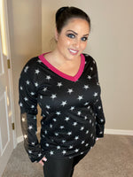 S XXL  Seeing Stars V-Neck Distressed Star Long Sleeve with Pink POP