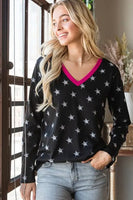 S XXL  Seeing Stars V-Neck Distressed Star Long Sleeve with Pink POP